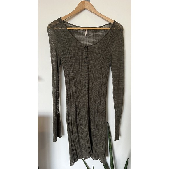 Free People Olive Green Button Front Gauzy Sheer Knee Length Dress Size … - Picture 1 of 8
